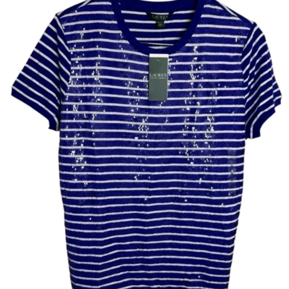 Ralph Lauren Women Sequined Navy and White Striped Tee